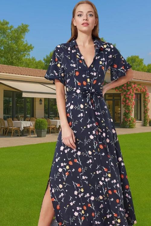 Yazlık Kadın Midi Gömlek Elbise Çiçek Desenli Viskoz Kumaşlı Rahat Konforlu Kesim Uzun Ömürlü