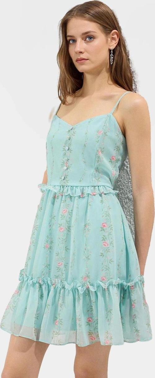 Astarlı Şifon Mini Elbise Yazlık Kalp Yaka Çiçek Desenli Dokuma Kumaş Premium Kalite