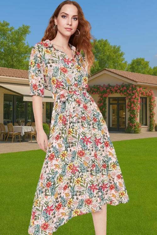 Kadın Şık Midi Boy Viskoz Elbise Animal Desenli Kuşak Detayı Casual Rahat Kullanım Şık Görünüm