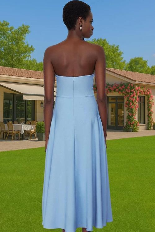Şık A Kesim Straplez Midi Elbise Finike Dokuma Polyester Elastan Konforlu Kesim Rahat Ve Şık