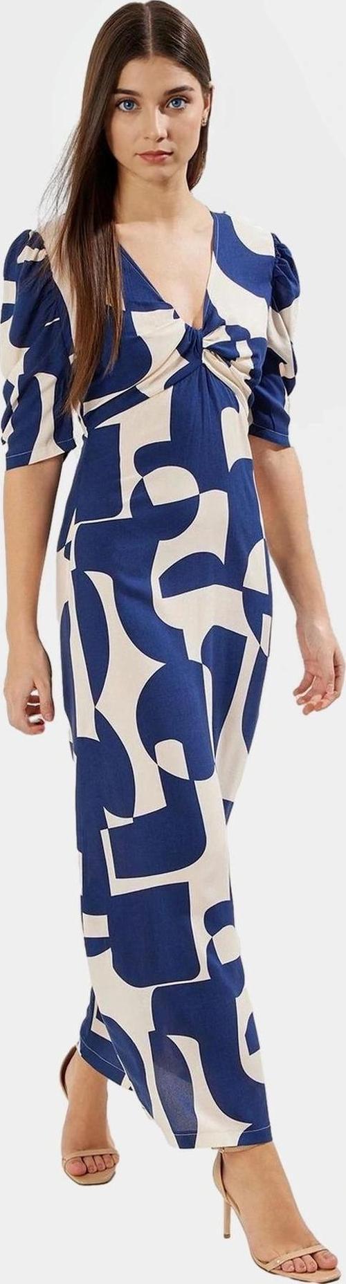 A Line Kesim Kısa Kollu Viskoz Desenli Midi Elbise Seçkin Malzeme Modern Stil