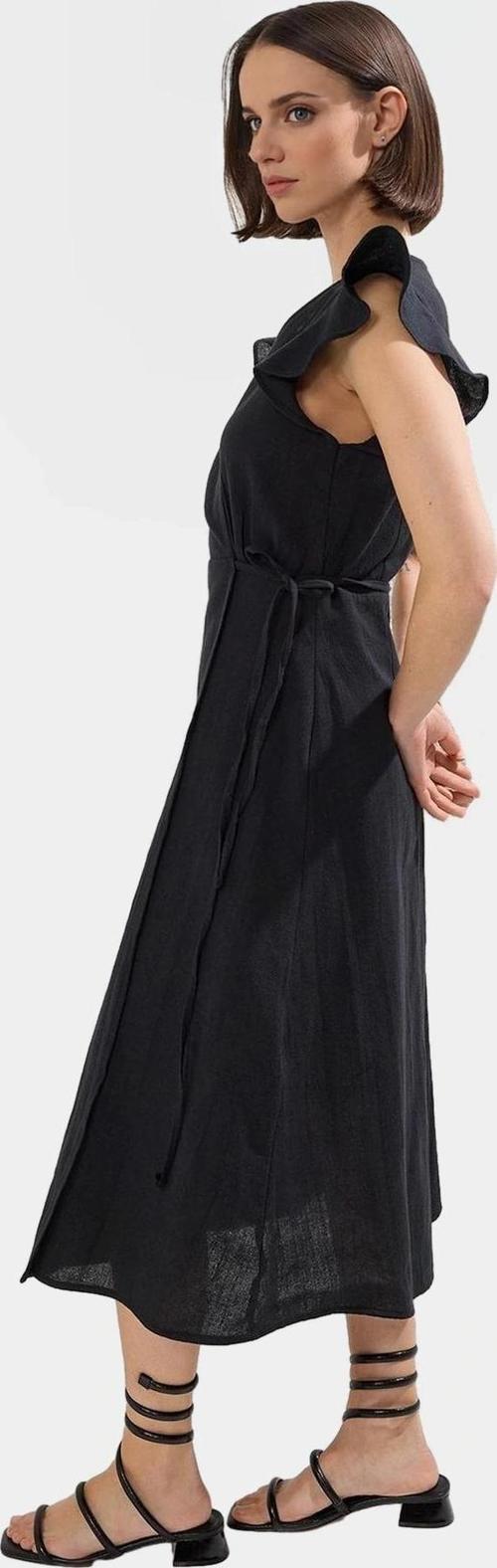 Kısa Kollu Keten Görünümlü Midi Elbise V Yaka Kruvaze Rahat Kalıp Mükemmel Uyum Yüksek Kalite