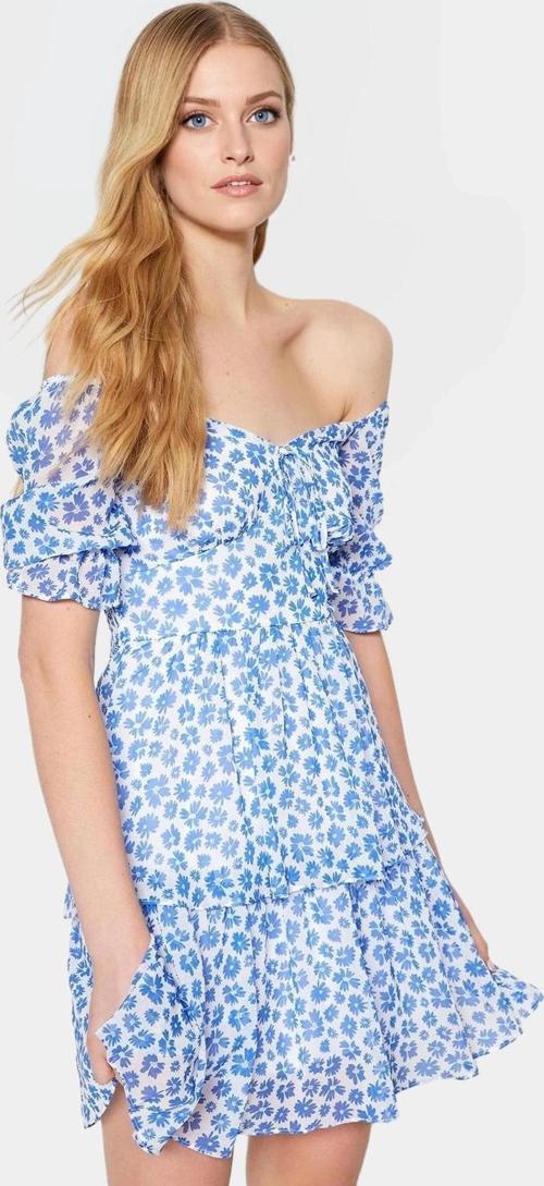 Dokuma Mini Elbise Çiçekli Desen Kısa Kol Astarlı Gipeli Seçkin Malzeme Trend Tasarım