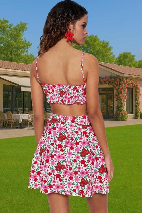 Çiçekli Desenli Mini Viskoz Elbise Cut Out Detaylı Skater Plaj Mükemmel Uyum Özenle Seçilmiş
