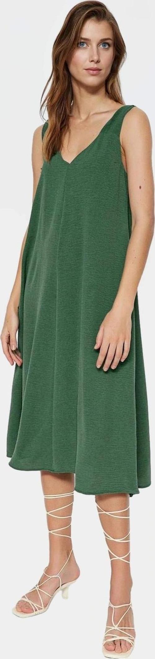 Rahat Kesim Kolsuz V Yaka Midi Elbise Polyester Dokuma Kumaş Premium Kalite