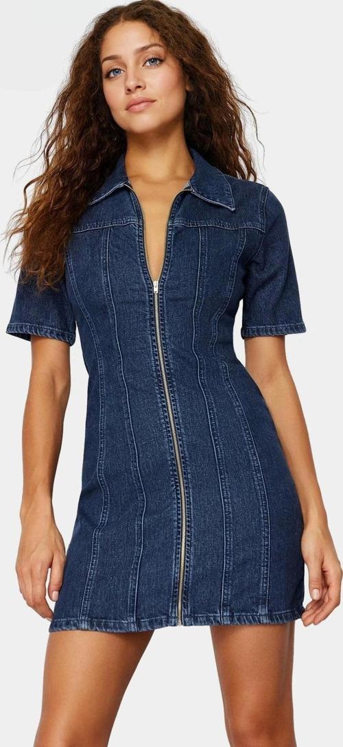 Kısa Kollu Bodycon Denim Elbise Fermuarlı Gömlek Yaka Rahat Günlük Kaliteli İşçilik Kullanım