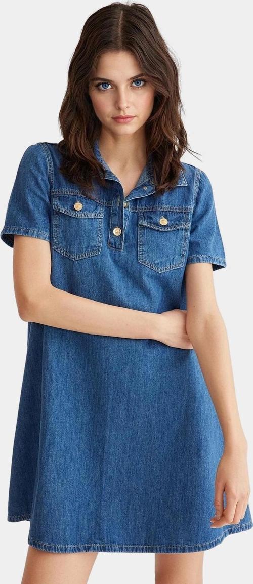 Kısa Kollu Pamuklu Denim Gömlek Elbise Cep Detaylı Mini Boy Günlük Tarz Modern Stil