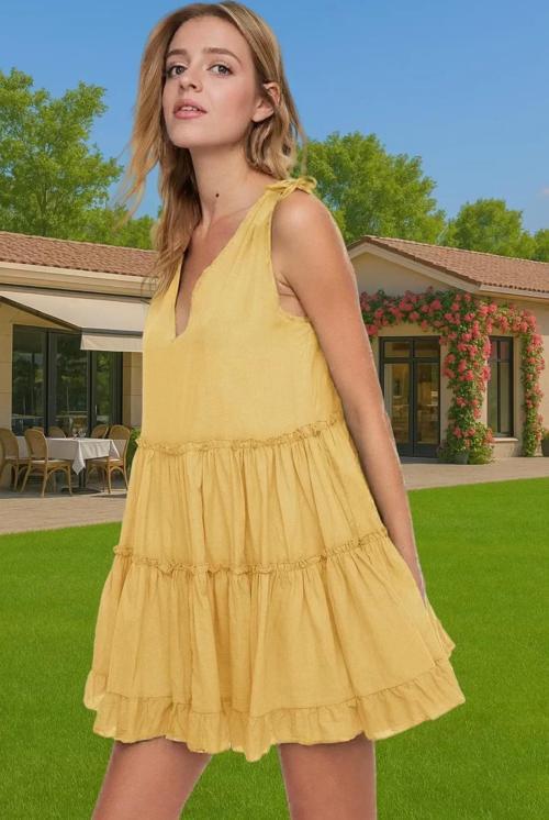 Pamuklu V Yaka Mini Elbise Geniş Kalıp Fırfırlı Yazlık Elbise Şık Görünüm Dayanıklı Malzeme