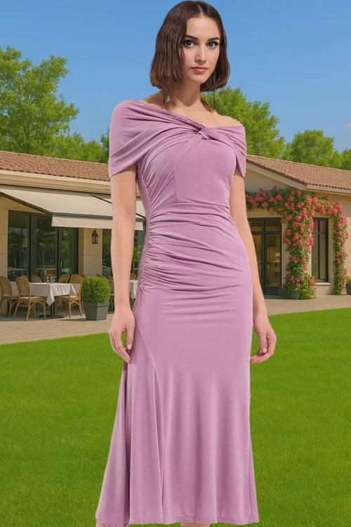 Rahat Asimetrik Yaka Kısa Kollu Örme Elbise Premium Kalite Yüksek Kalite Premium Kalite Rahat Ve Şık