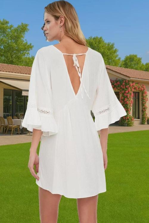 Yazlık Kadın A line Mini Elbise V Yaka Dantel Detaylı Plaj Elbisesi Uzun Ömürlü Yüksek Kalite