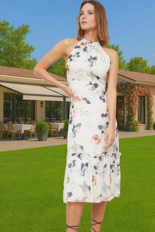 Astarlı Şifon Midi Elbise A Kesim Halter Yaka Çiçek Desenli Rahat Uzun Ömürlü Şık Görünüm