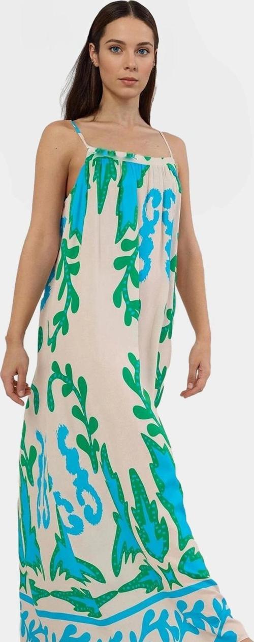 Şık Maxi Elbise Viskoz Kumaş Tropikal Desen Kare Yaka Dayanıklı Malzeme Uzun Ömürlü Modern Stil