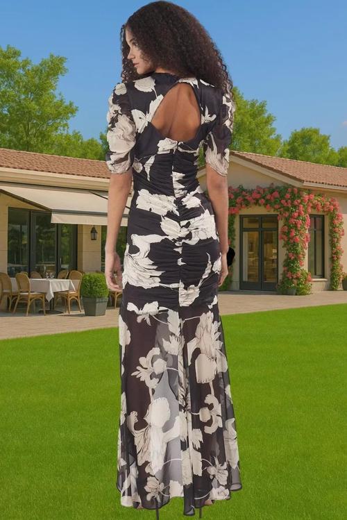 Şık Bodycon Maxi Elbise Örme Kumaş Çiçek Desenli V Yaka Trend Tasarım Kaliteli İşçilik