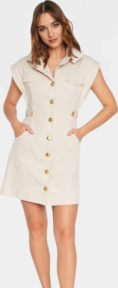Dokuma Gabardin Mini Elbise Kisa Kol Düğmeli %Pamuk Yazlık Dayanıklı Malzeme