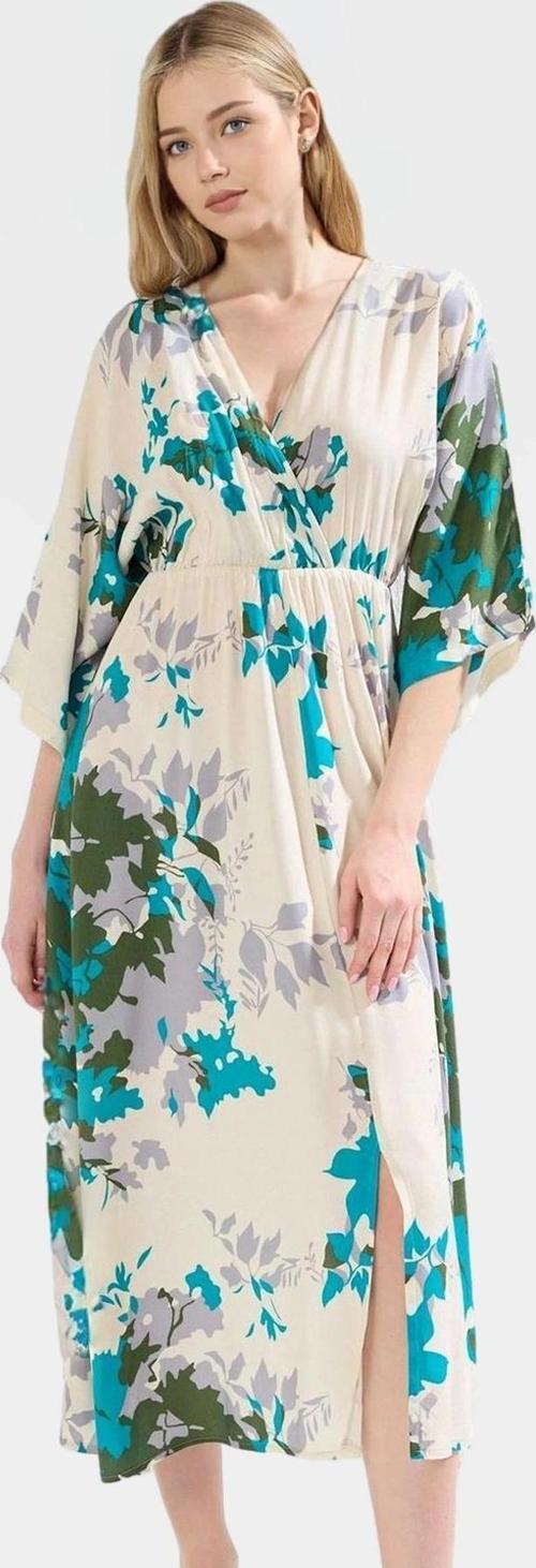 A Kesim Midi Elbise Etnik Desenli Viskoz Dokuma Truvakar Kollu Yazlık Zarifane Tasarım