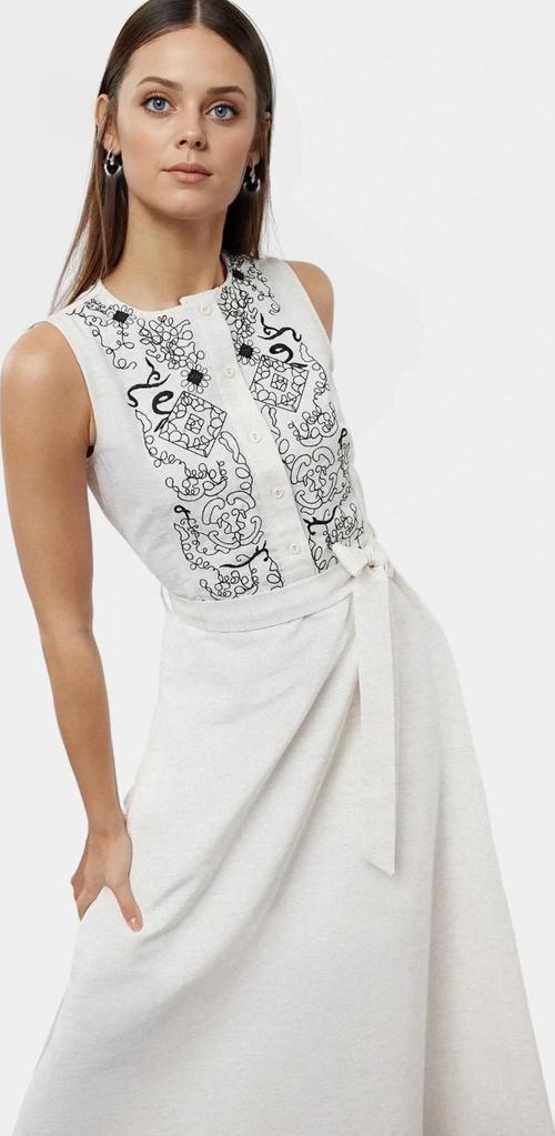 Rahat ve Şık Midi Elbise A line Kalıp Keten Görünümlü Dokuma Kumaş Modern Stil