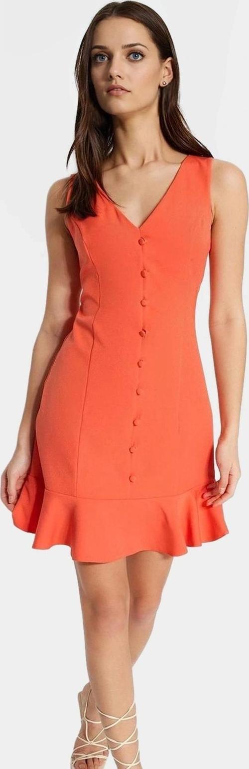 Finike Dokuma Mini Elbise A Line Kesim V Yaka Düğmeli Polyester Karışımlı Modern Stil