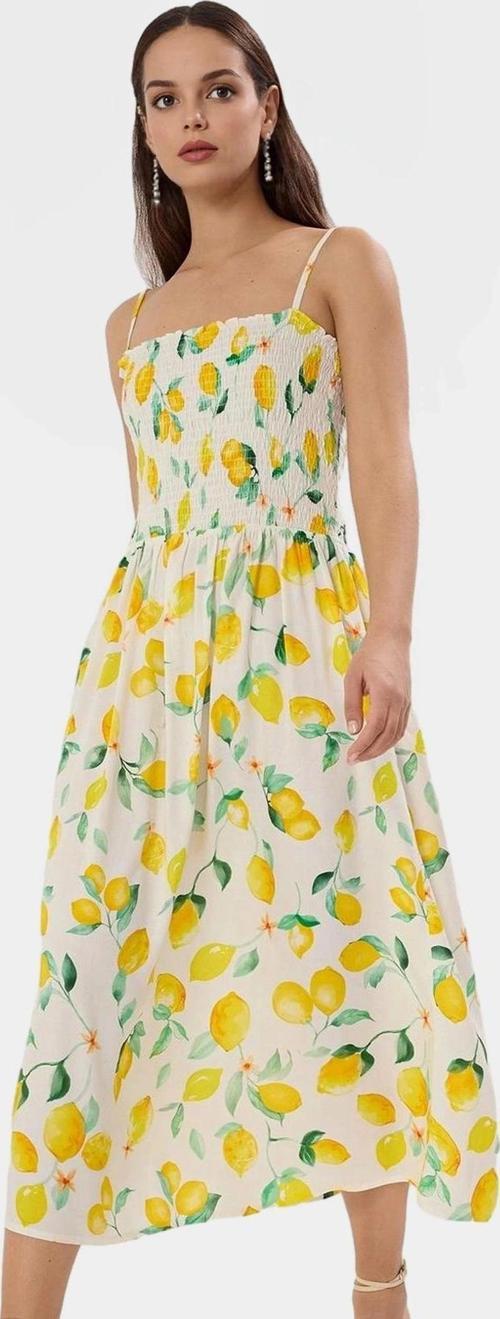 Viskoz Dokuma Midi Elbise Tropikal Desen Skater Kalıp Rahat Yazlık Premium Kalite