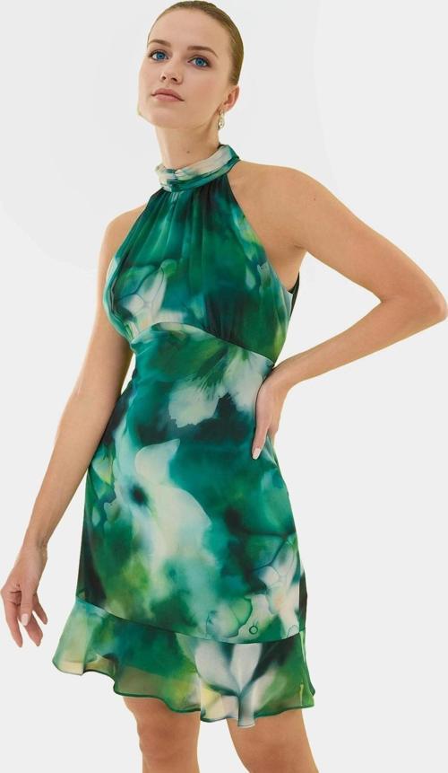 Çiçekli A line Şifon Elbise Halter Yaka Mini Boy Astarlı Konforlu Kesim Modern Stil