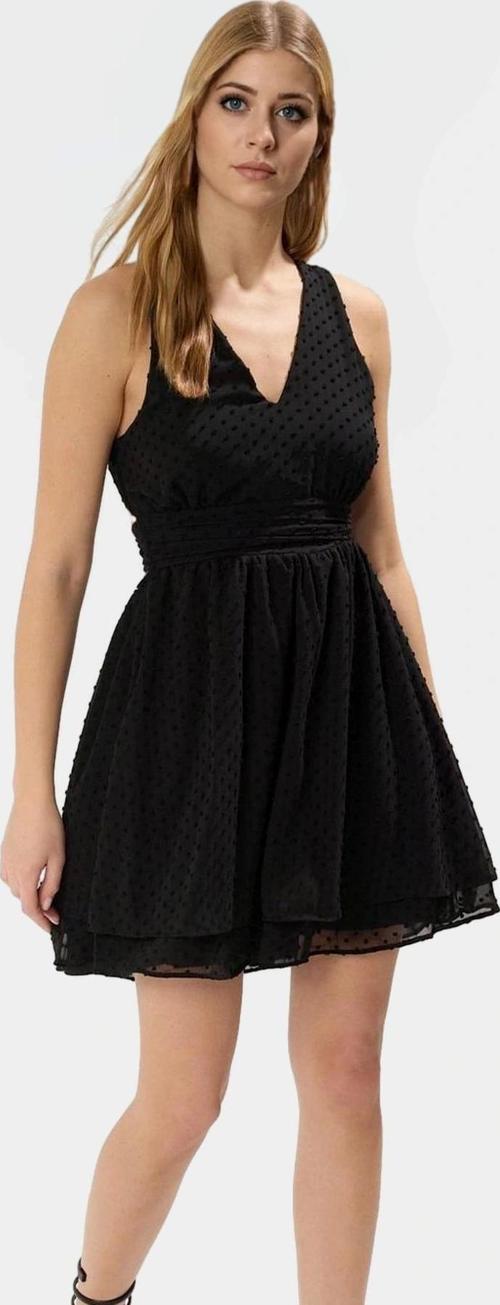 Dokuma Şifon Mini Elbise Puantiyeli Desen Boyundan Bağlamalı Yaka Seçkin Malzeme Konforlu Kesim