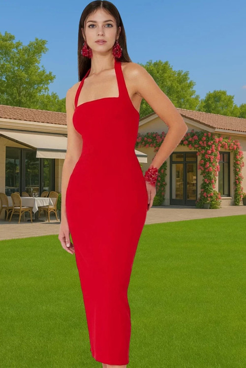 Kadın Bodycon Midi Elbise Kare Yaka Finike Dokuma Yazlık Şık Elbise Trend Tasarım Yüksek Kalite