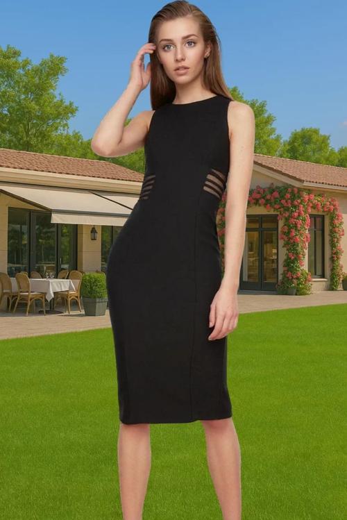 Zarif Kayık Yaka Kolsuz Midi Abiye Elbise Finike Dokuma Polyester Trend Tasarım Trend Tasarım