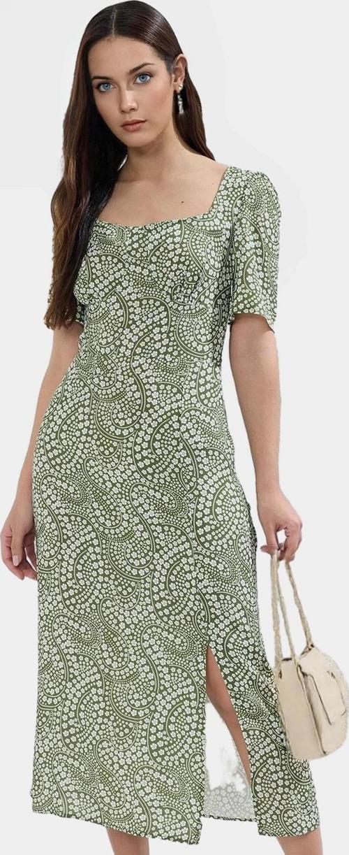 Nefes Alan Viskoz Midi Elbise A Line Kare Yaka Puantiyeli Kısa Kol Özenle Seçilmiş