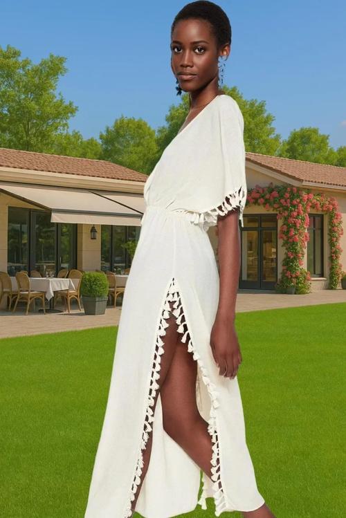 Rahat V Yaka Maxi Plaj Elbisesi Dokuma Crinkle Kumaş Premium Kalite Modern Stil Mükemmel Uyum