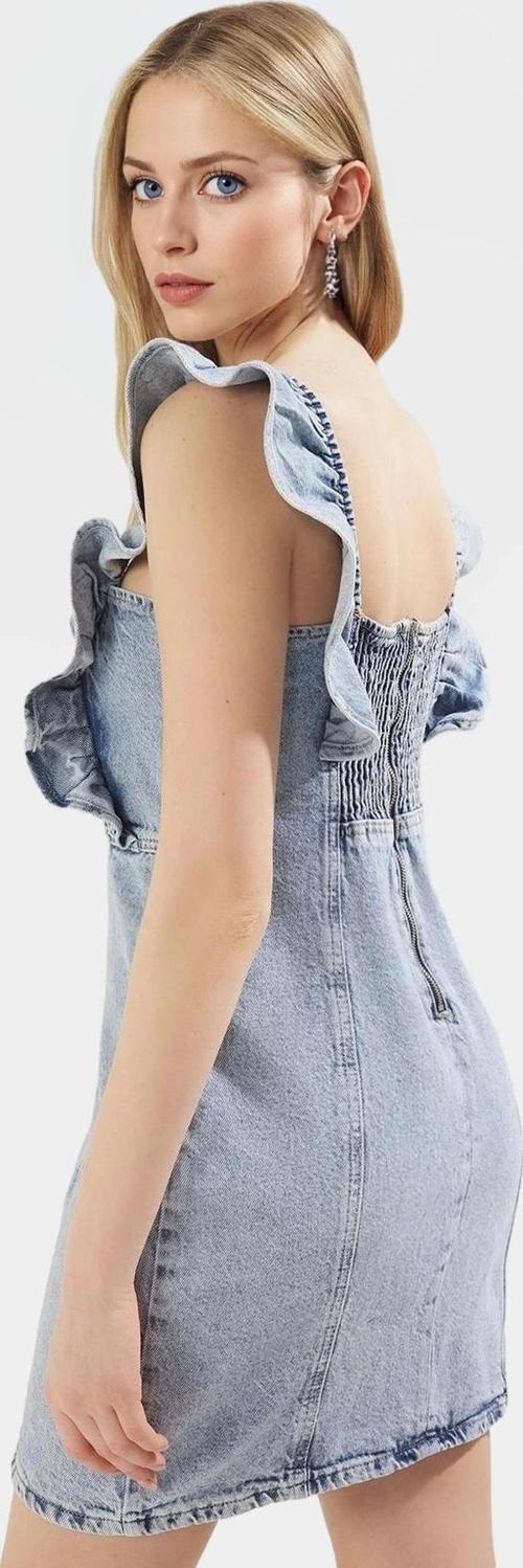 Büzgülü Kol Detaylı Denim Mini Elbise Yazlık A line Kesim Pamuk Rahat Kullanım