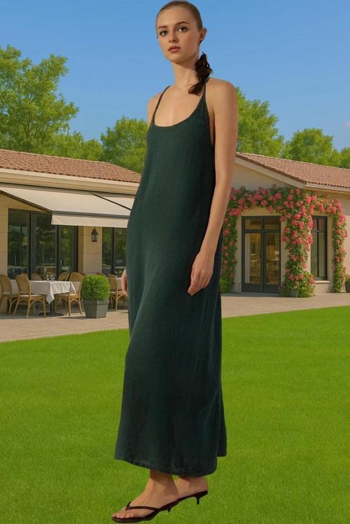 Kadın %100 Keten Maxi Elbise V Yaka Sırt Detaylı Yazlık Şık Görünüm Uzun Ömürlü Şık Görünüm