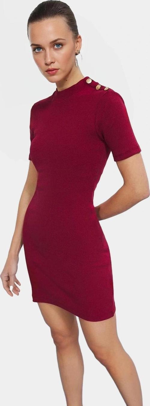 Kaşkorse Örme Mini Elbise Vücuda Oturan Düğmeli Kısa Kol Rahat Ve Şık Konforlu Kesim