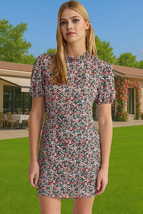 A Kesim Kısa Kollu Çiçekli Mini Elbise Polyester Dokuma Yazlık Zarifane Tasarım Zarifane Tasarım