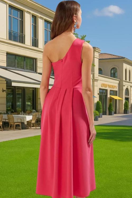 Şık A Kesim Tek Omuz Midi Polyester Elbise Rahat Kullanım Yüksek Kalite Zarifane Tasarım