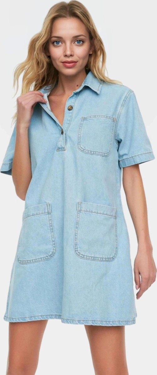 Kısa Kollu Denim Gömlek Elbise Mini Boy Casual Günlük Pamuk Yüksek Kalite Profesyonel Görünüm