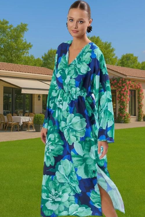 Şal Yaka Maxi Dokuma Elbise Tek Kol Yırtmaçlı Plaj Modası Konforlu Kesim Uzun Ömürlü