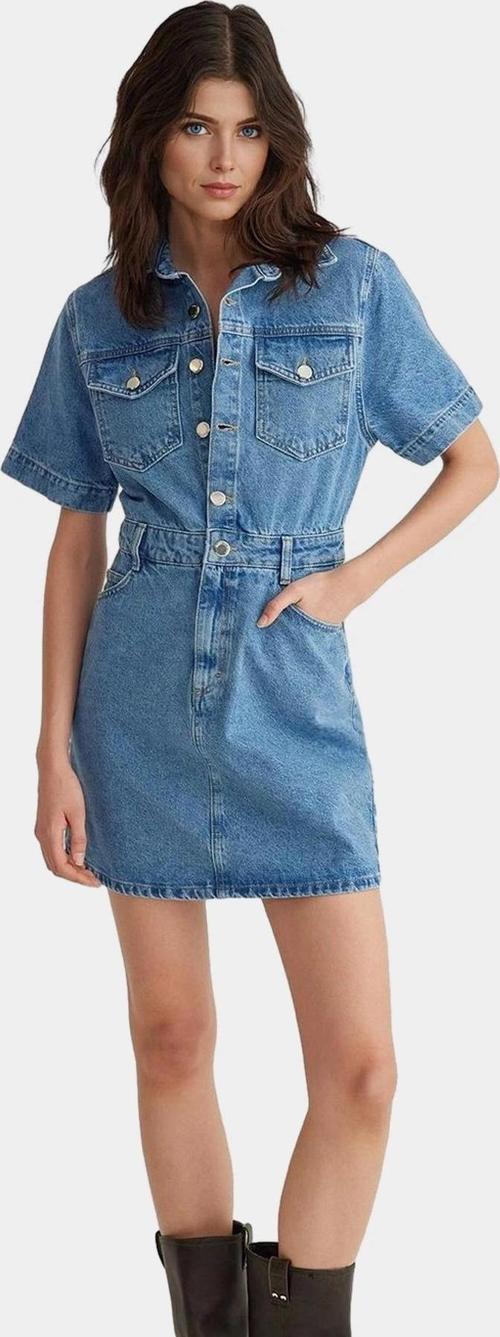 Pamuk Denim Gömlek Elbise Midi Boy Kısa Kollu Casual Stil Mükemmel Uyum Şık Görünüm