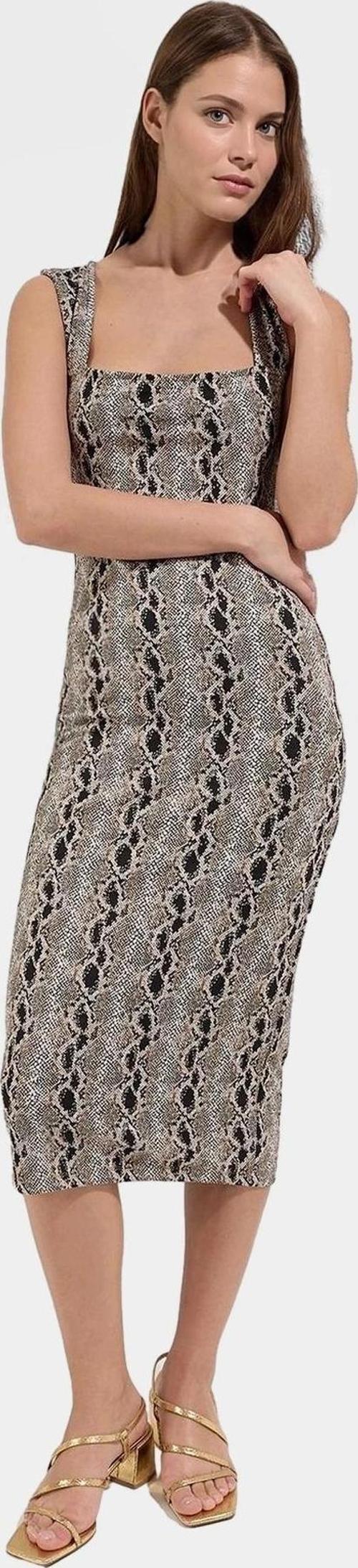 Yazlık Midi Bodycon Elbise Örme Kumaş Animal Desen Kare Yaka Trend Tasarım