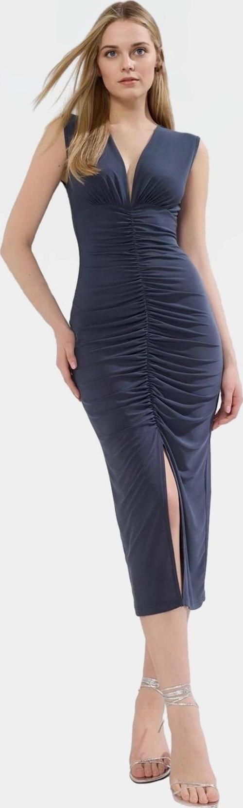 Rahat Ve Şık Bodycon Midi Elbise Örme Kumaş V Yaka Büzgü Detaylar 120 cm Boy