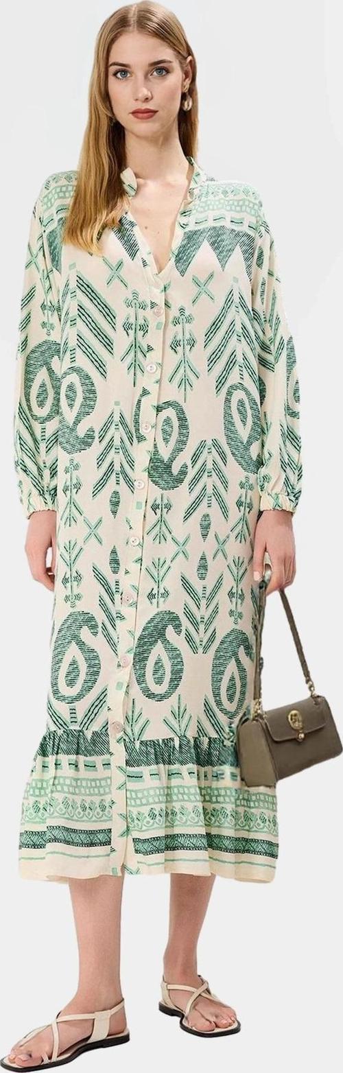 Polyester Shally Dokuma Elbise Midi Boy Truvakar Kol Geniş Kesim Modern Stil Seçkin Malzeme