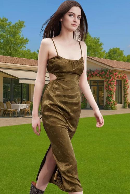 Zarif Askılı Saten Abiye Elbise Cut Out Detayı ile Şık Görünüm Kaliteli İşçilik Profesyonel Görünüm