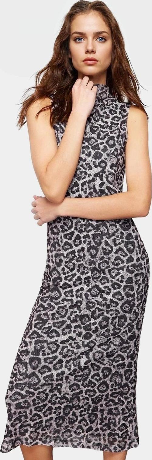 Yazlık Kolsuz Bodycon Kalem Elbise Dik Yaka Leopar Desenli Midi Boy Polyester Zarifane Tasarım