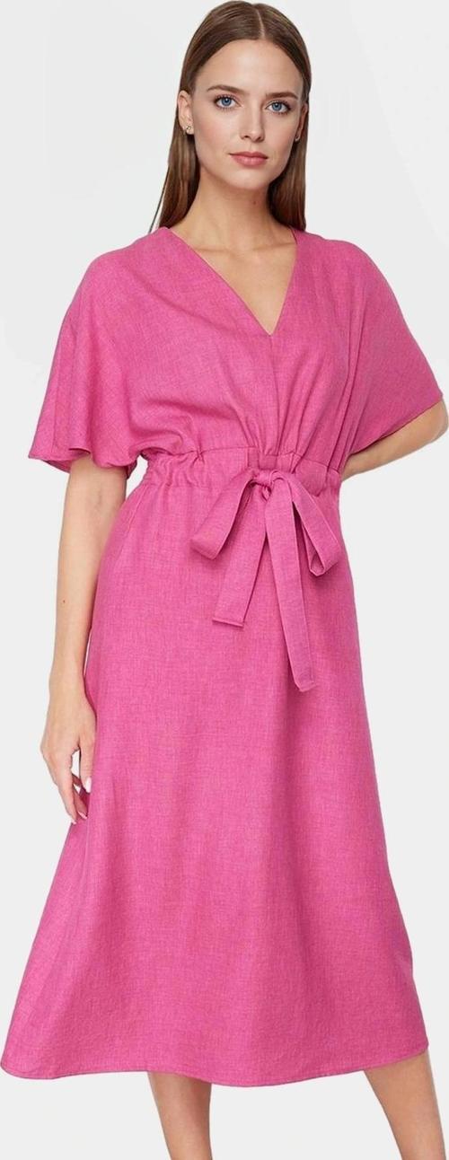 Şık Keten Görünümlü Kuşaklı Midi Elbise Rahat ve Nefes Alabilir Günlük Kullanım İçin Modern Stil