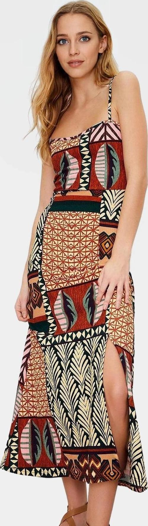 A Line Midi Elbise Örme Kumaş Etnik Desen Kare Yaka Rahat ve Şık Zarifane Tasarım Özel