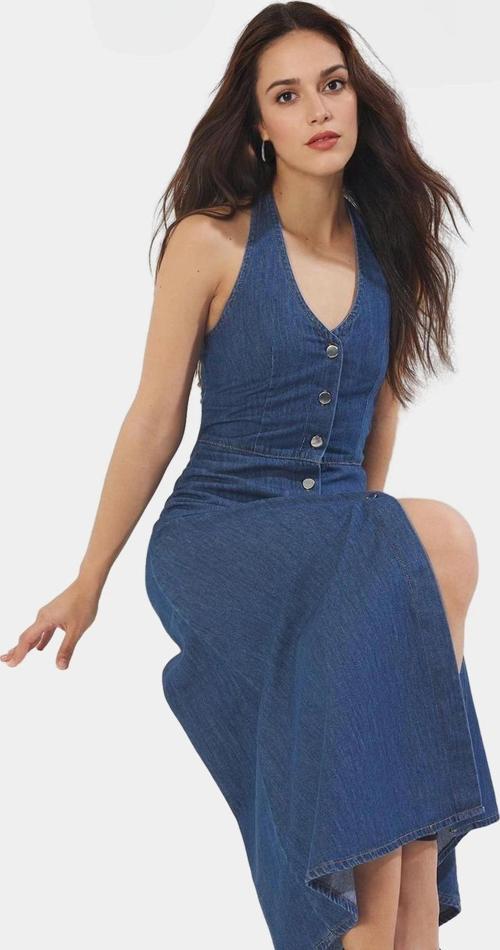 Pamuk Denim Maxi Elbise Volanlı Etek Halter Yaka Günlük Kullanım İçin Dayanıklı Malzeme