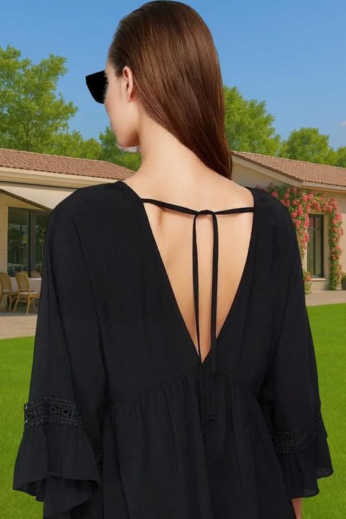 Yazlık Kadın A line Mini Elbise V Yaka Dantel Detaylı Plaj Elbisesi Uzun Ömürlü Yüksek Kalite