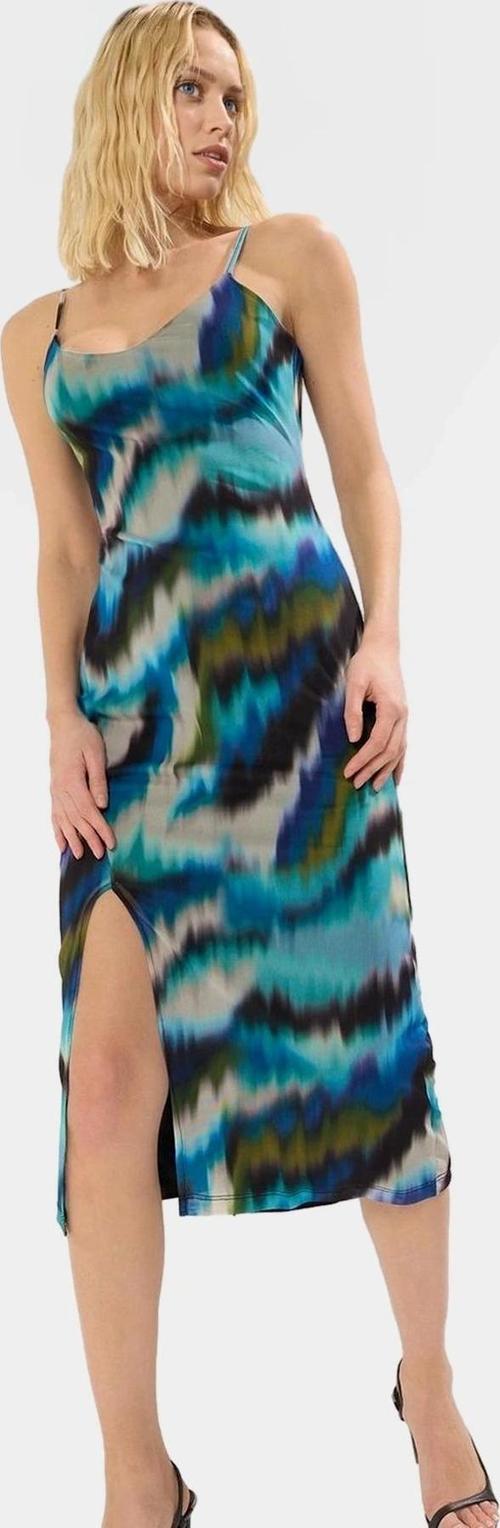 Yazlık Örme Midi Elbise V Yaka Bodycon Tül Soyut Desen Modern Stil Özel Tasarım