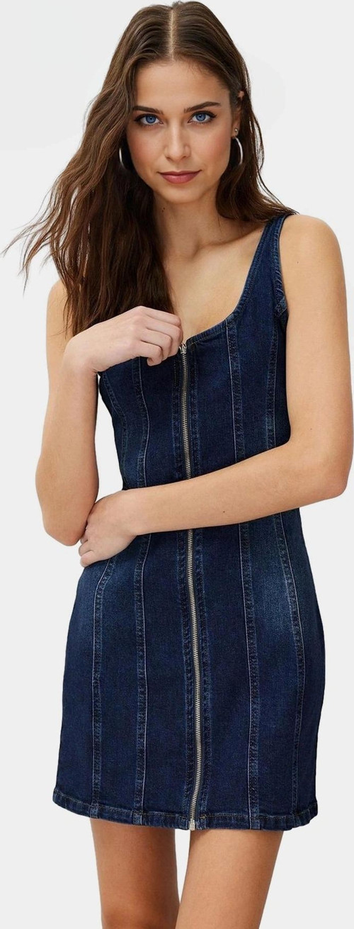 Rahat Pamuklu Denim Mini Elbise Fitted Bisiklet Yaka Günlük Stil Özenle Seçilmiş Uzun Ömürlü