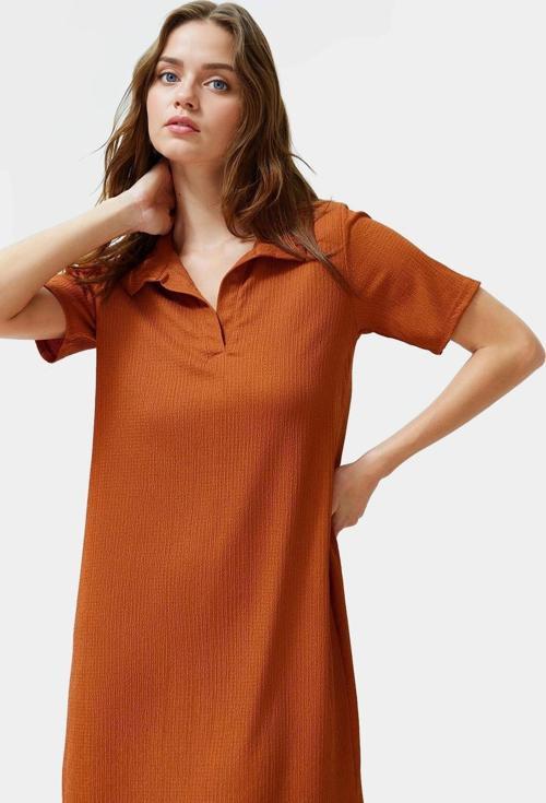 Rahat Kalıp Örme Midi Elbise Yazlık Polyester Kumaş Polo Yaka Kısa Kol Premium Kalite