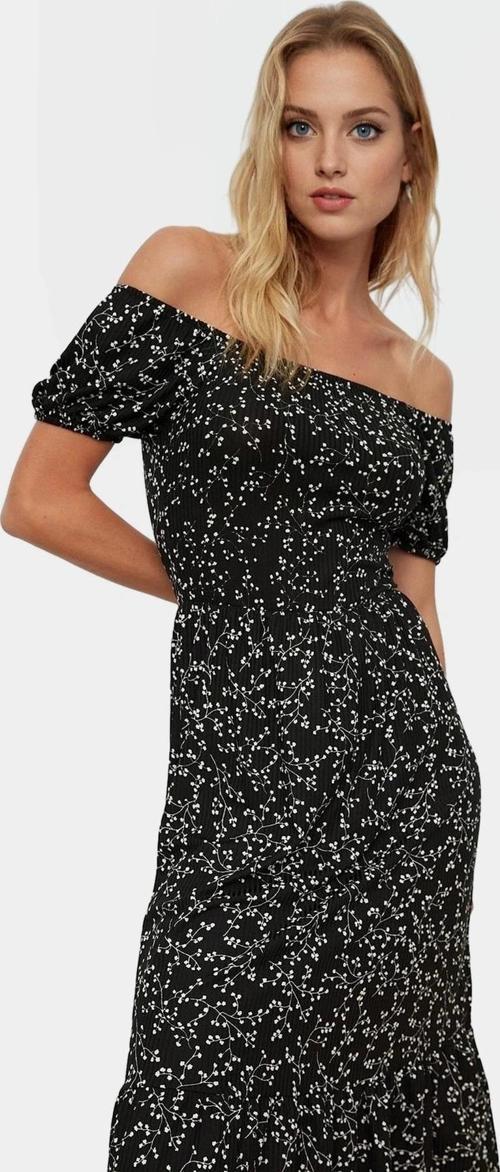 Kadın Midi Elbise Örme Kumaş Carmen Yaka Kısa Kollu Puantiyeli Şık Görünüm Rahat Ve