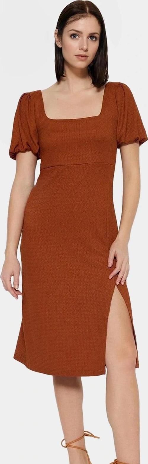 A Line Örme Midi Elbise Balon Kol Kare Yaka Renk Günlük Dayanıklı Malzeme Şık Görünüm